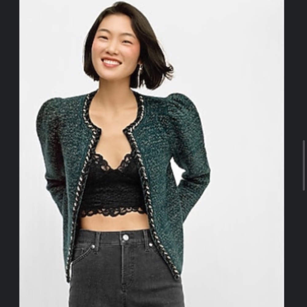Express Dark Green Tweed Puff-Shoulder Blazer